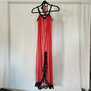 Neglige a Nuit Vintage 80s Red Nightgown and Black Lace Trim Maxi Length